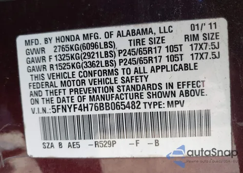 2011 Honda Pilot Ex-L from USA, damaged, VIN 5FNYF4H76BB065482